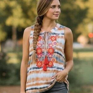 Savannah Jane BELLA S Boho Sleeveless Embroidered Top Tassel Tie Tie Dye Floral